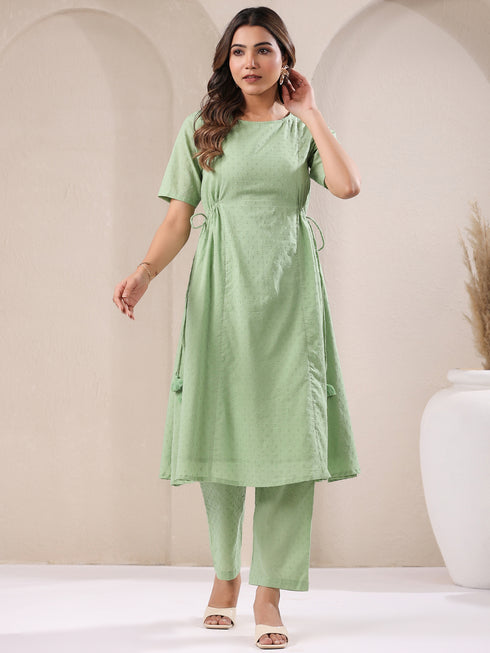 Green Dobby Pure Cotton Self Design A-line Kurta Pant Set